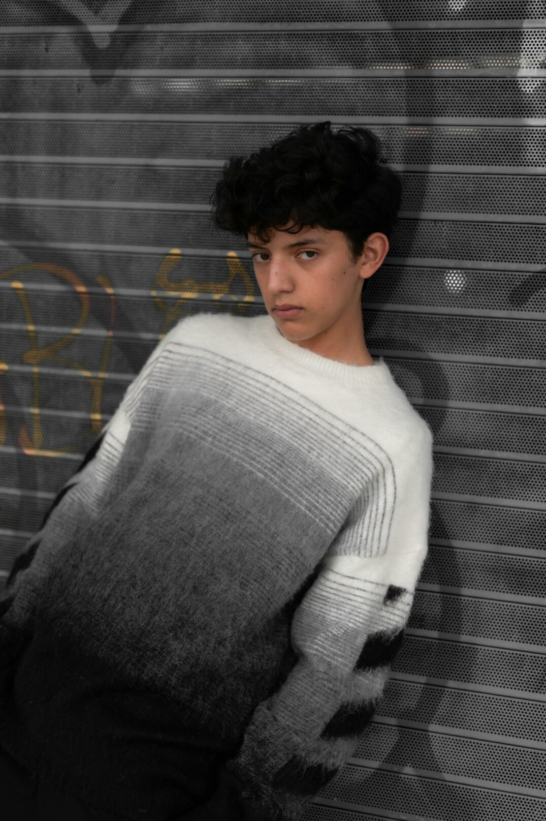 Portrait of a young man with curly dark hair in a grey sweater