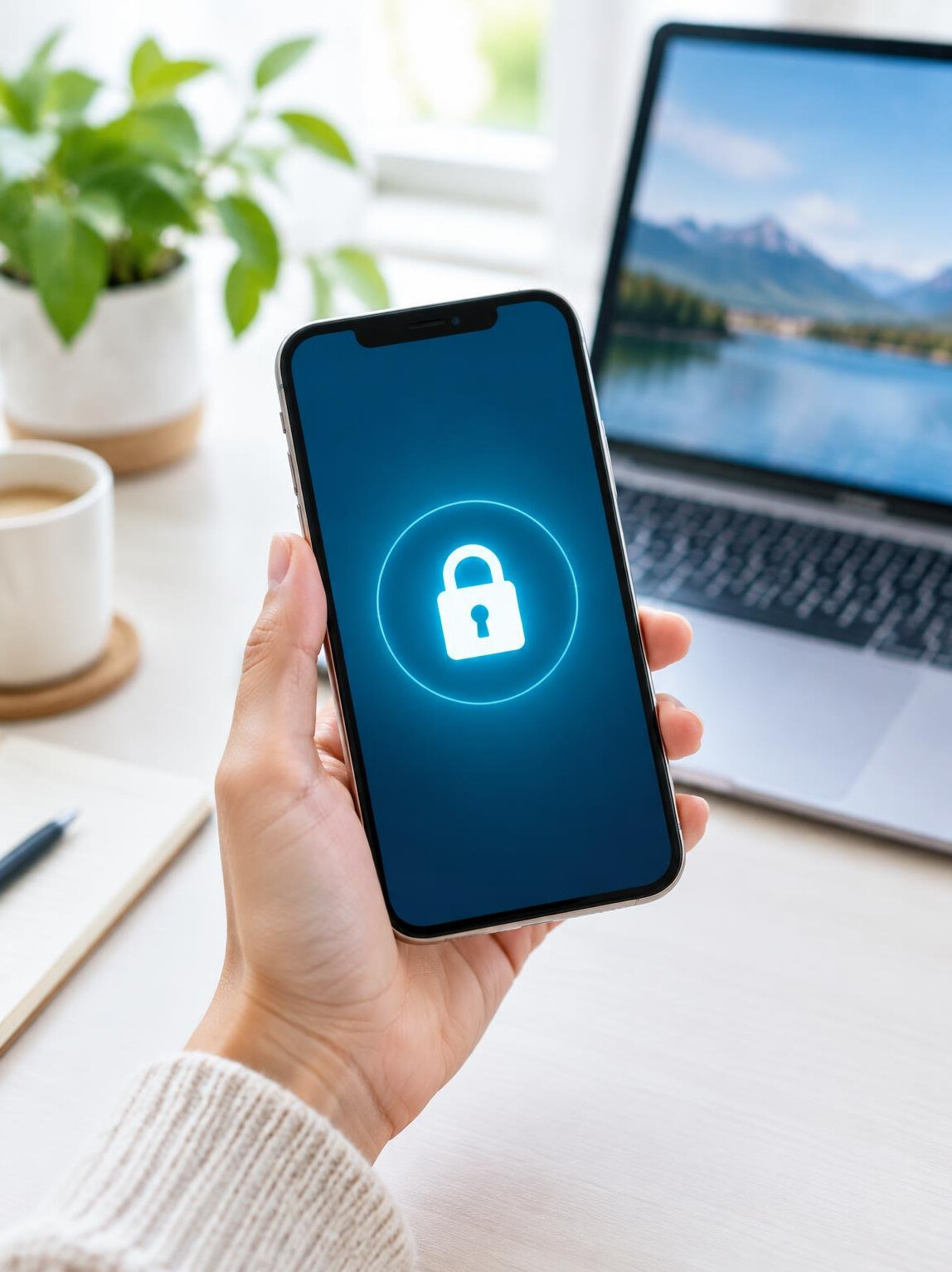 Smartphone with a padlock icon on the screen held in a hand next to a laptop