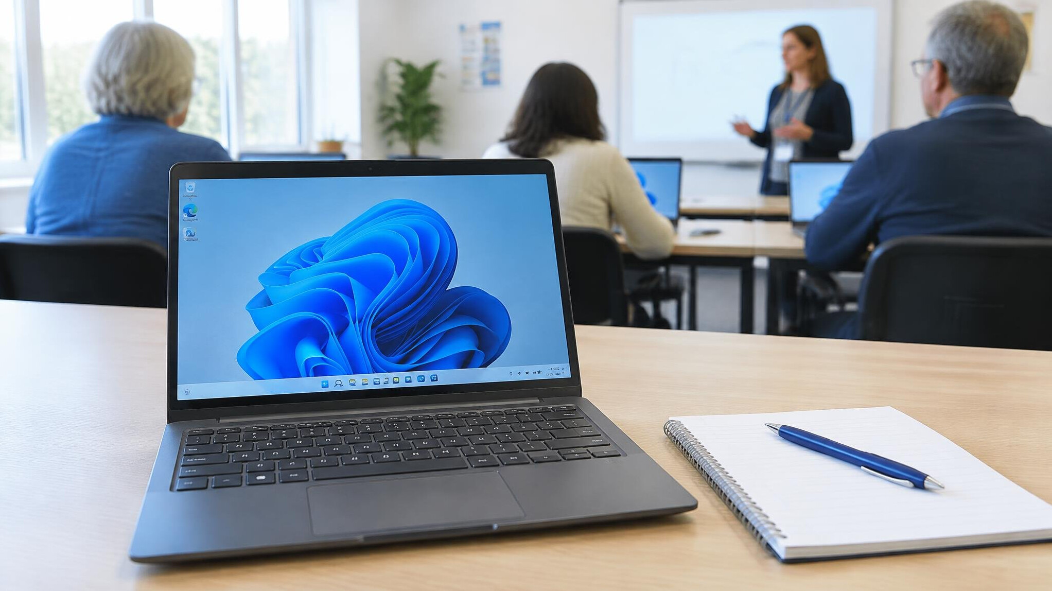 Laptop on a table during a beginner computer class